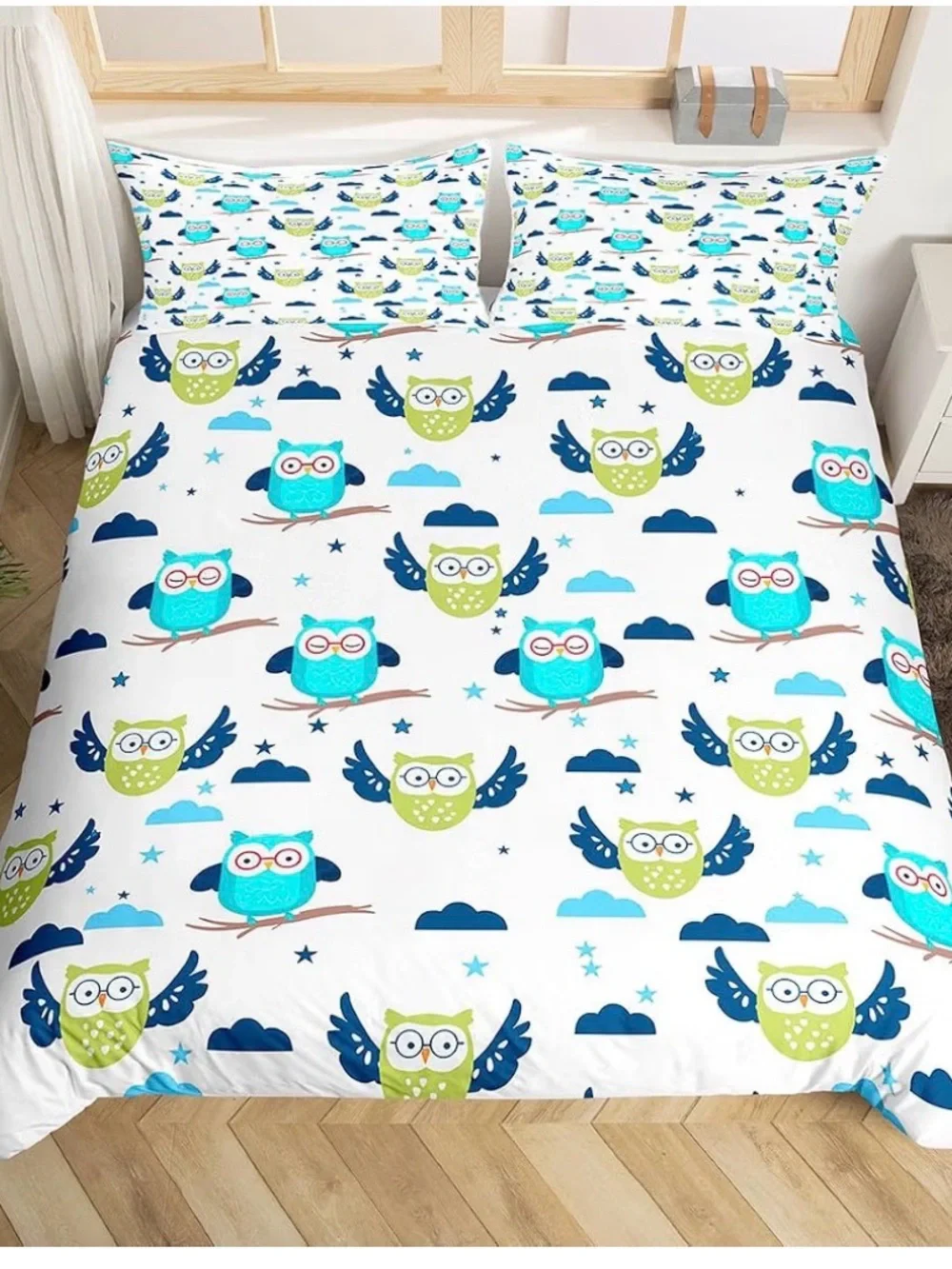 Owl Pattern Kids Duvet Cover Set in Blue & Green - twin 001